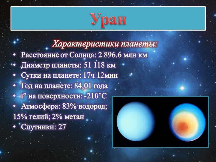 Uranus Characteristics of the planet: Distance from the Sun: 2,896.6 million km Diameter pl. 