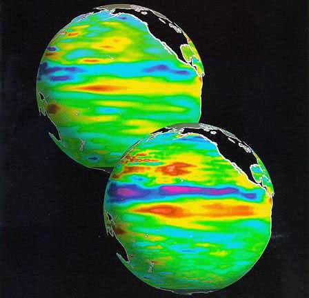  NASA LANINHO - in contrast to El Niño, manifests as a decrease in surface water temperature in the eastern tropical Pacific Ocean. Such phenomena were observed in 1984-1985, 1988-1989, and 1995-1996. During this period, unusually cold weather sets in over the eastern Pacific Ocean.