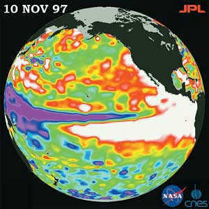  NASA The water level in the Pacific Ocean was determined from satellite images on November 10, 1997. El Niño is characterized by higher water levels (red and white areas) on the side of the South American coast and in the South Pacific. Lower water levels (blue area) were observed on the other side of the ocean.