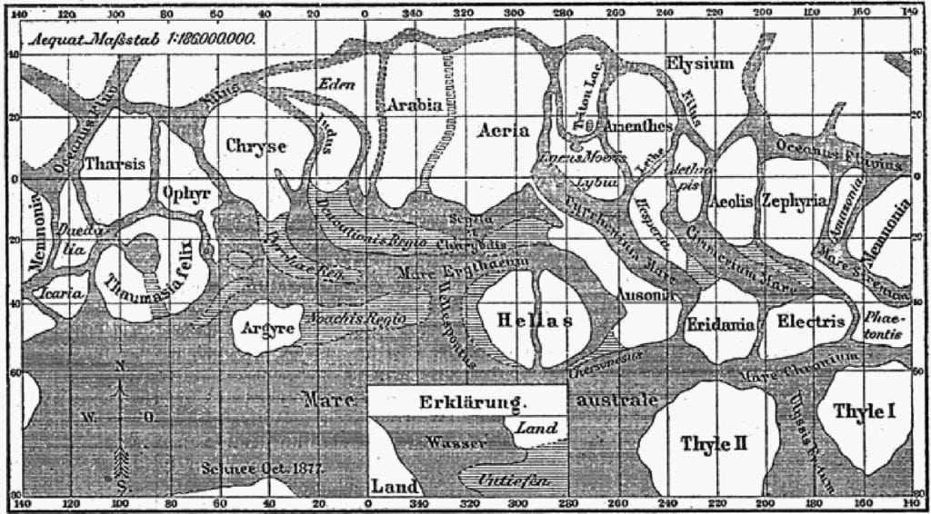 Giovanni Schiaparelli's map of Mars, 1877.