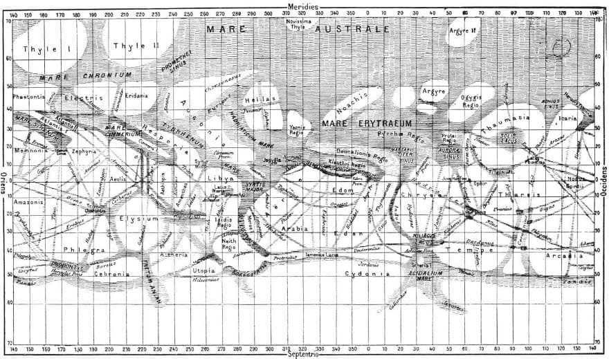 Schiaparelli's Martian map showing canals (1877)