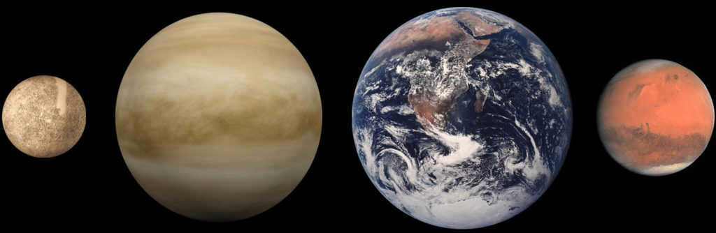 Comparative sizes (from left to right) of Mercury, Venus, Earth and Mars