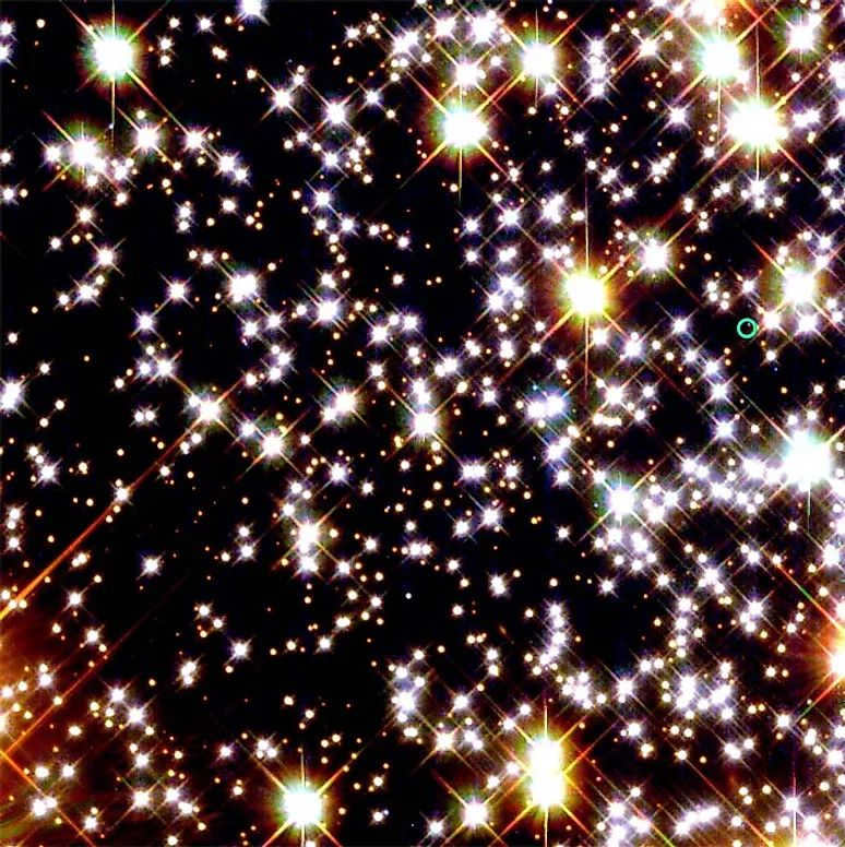 Magnified image of Messier 4, showing the approximate location of PSR B1620-26 b.