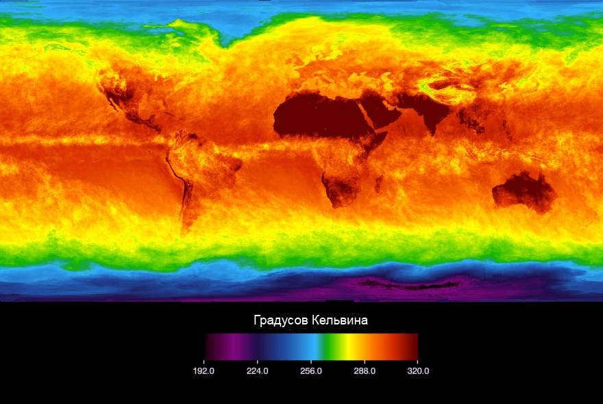 To measure temperature, scientists use NASA's Aqua satellite instrument, the Atmospheric Infrared Sensor (AIRS), which uses infrared wavelengths. In the image you see the temperature readings of the Earth's surface and clouds in April 2003. The scale ranges from -81°C (black and blue) to 47°C (red).