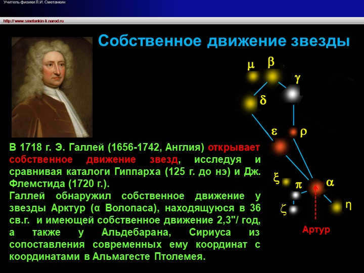 ArthurIn 1718, E. Halley (1656-1742, England) discovered the proper motion of a star.