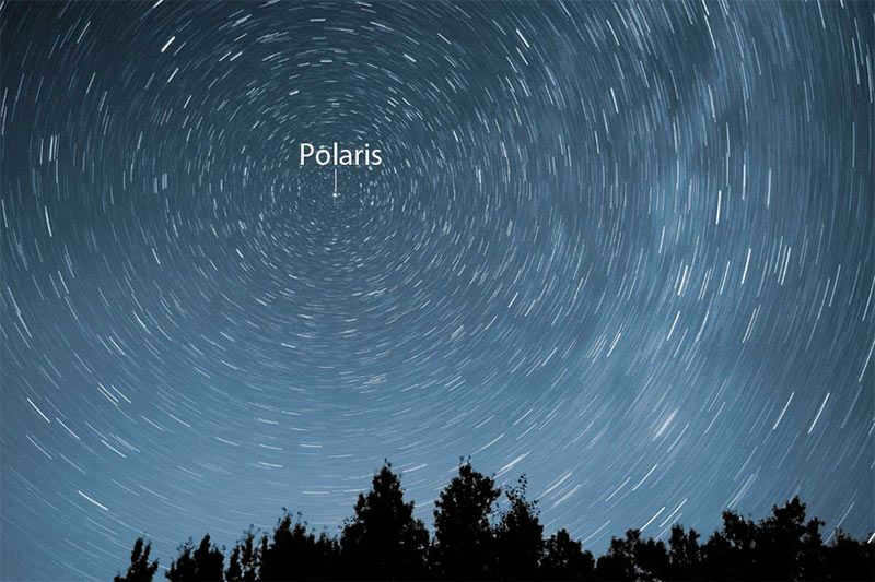 A starry sky taken with a slow shutter speed. All the stars in the sky describe circles, and Polaris stands still