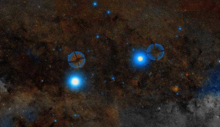 Alpha Centauri (left) and Hadar (right) against the background of the Milky Way.
