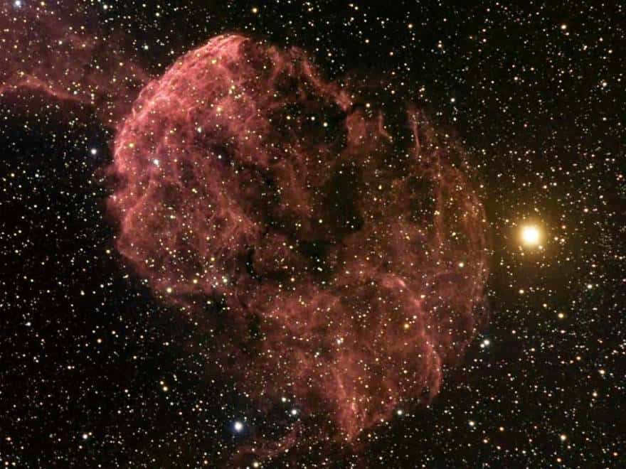 Supernova flash IC 443 with stars Mu (right) and Eta Gemini (left). Diffuse emission from S249 (north) and the partial envelope of G189.6+3.3 (center) can also be seen here.