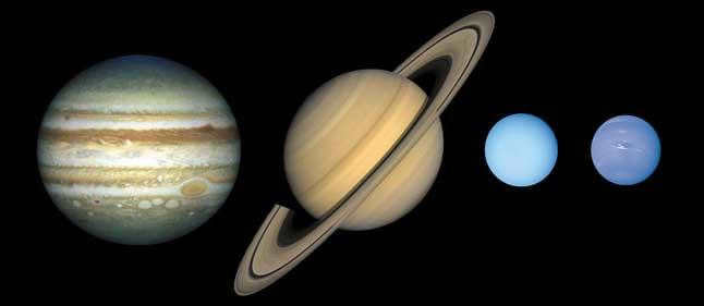 Giant planets, gas giants, outer planets, Jupiter, Saturn, Uranus, Neptune, size comparison, scale