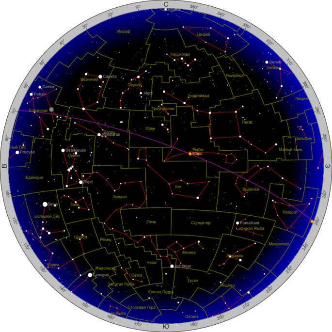Interactive sky map with constellations visible on December 2, 2020