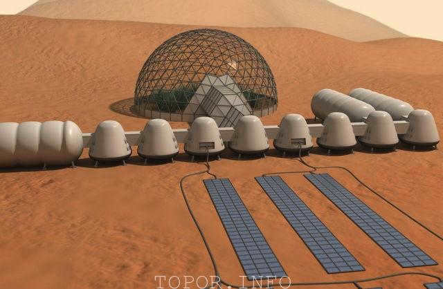 A Martian base with living modules and a greenhouse