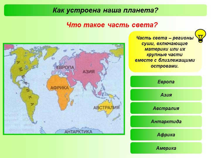 How is our planet organized? What is a part of the world? A part of the world is a region of land. 
