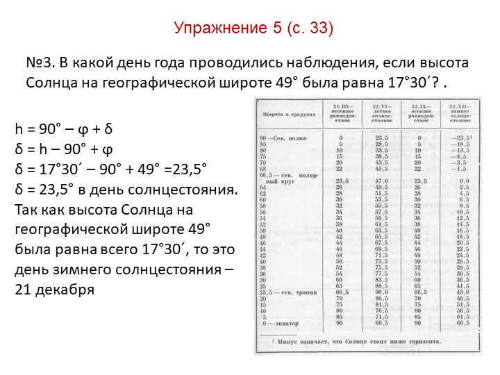 Exercise 5 (p. 33)No. 3. On which day of the year the observations were made if the altitude. 
