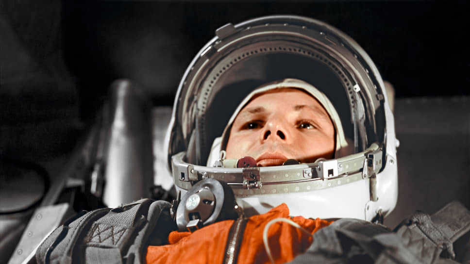 Yuri Gagarin in the Vostok-1 spacecraft before the launch.