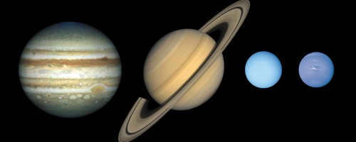 The giant planets. From left to right: Jupiter, Saturn, Uranus, Neptune.