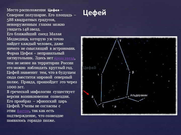 Cepheus' location is in the Northern Hemisphere. Its area is 588 square g. 
