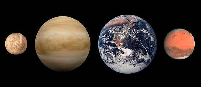 inner planets, terrestrial planets, solar system, Mercury, Venus, Earth, Mars, size comparisons, scaling
