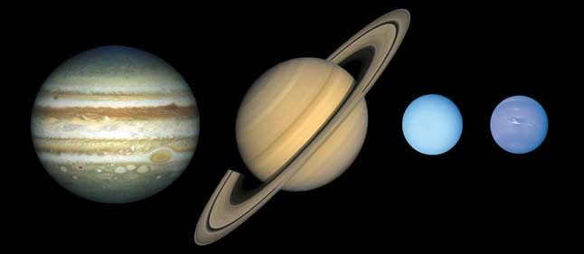 Giant planets, gas giants, outer planets, Jupiter, Saturn, Uranus, Neptune, size comparison, scale