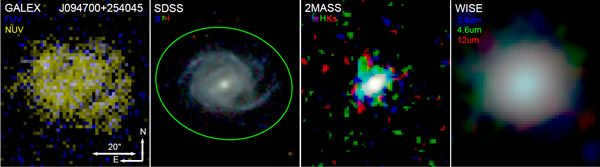 Fig. 4. Images of one of the superbright spiral galaxies obtained in different ranges of the electromagnetic spectrum