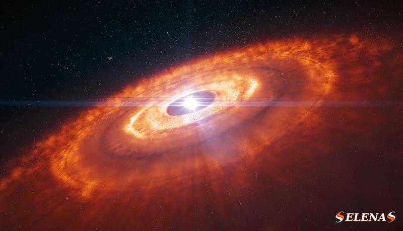 A young star is surrounded by a formation of dust and gas