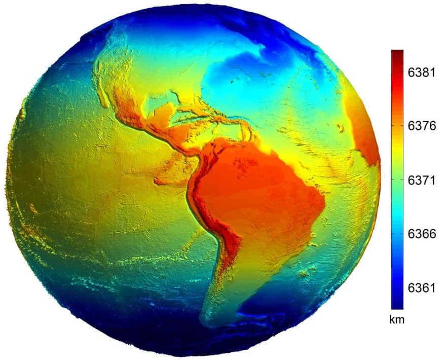 The diameter of the Earth at various points on the surface