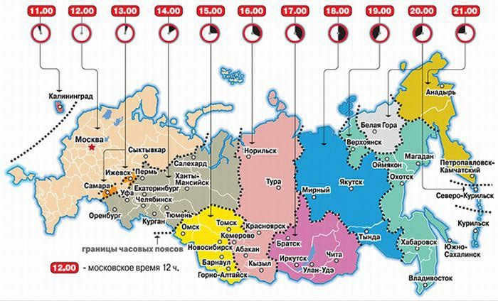 Time zones of Russia, map