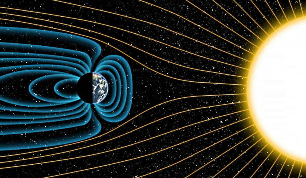 Schematic of the Earth's magnetic field and its interaction with the Sun