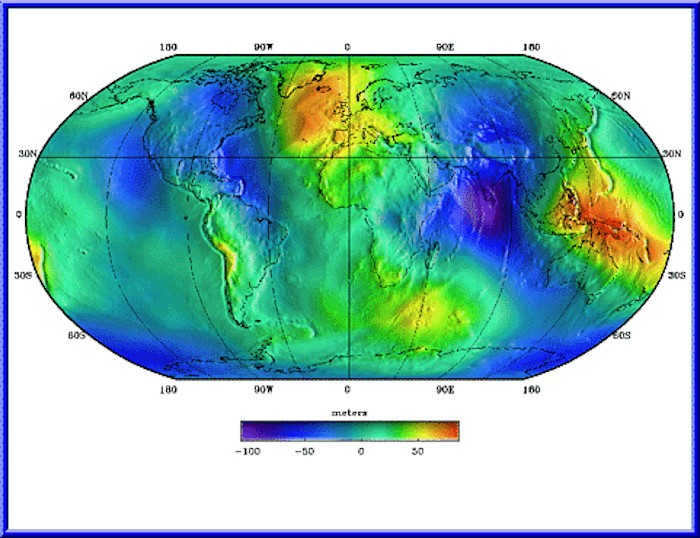 Deviations of the geoid (EGM96 model) from the idealized figure of the Earth (WGS 84 ellipsoid). It can be seen that the ocean surface diverges from the ellipsoid: for example, in the north of the Indian Ocean it is lowered by ~100 meters, and in the west of the Pacific Ocean it is raised by ~80 meters.