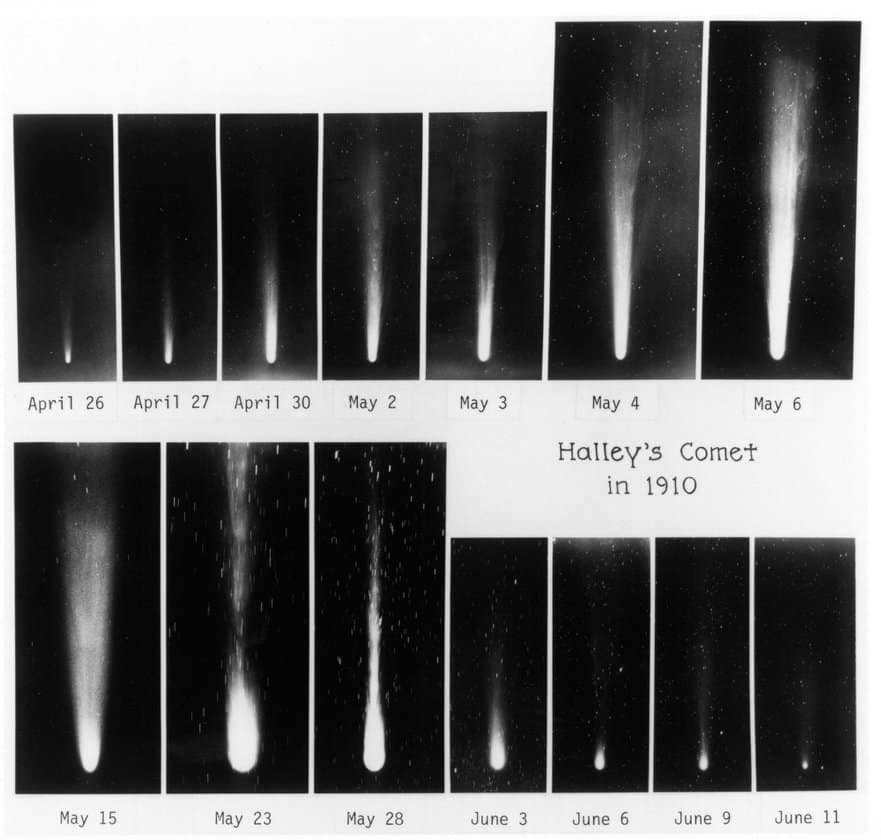 In 1910, several views of Halley's Comet from Diamond Mountain (Hawaii) were taken. The author of the images is Ferdinand Ellermann. The dots and short lines are background stars.