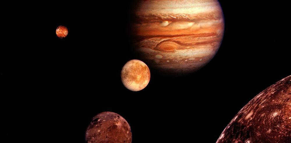 Jupiter, planet, Galileo satellites, Io, Europa, Ganymede, Callisto, gravity, illustration, montage