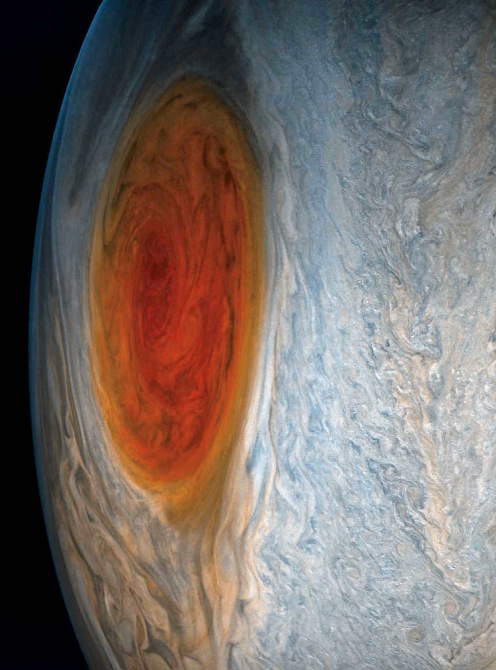 This image of the Great Red Spot was compiled from data transmitted by NASA's Juno space probe