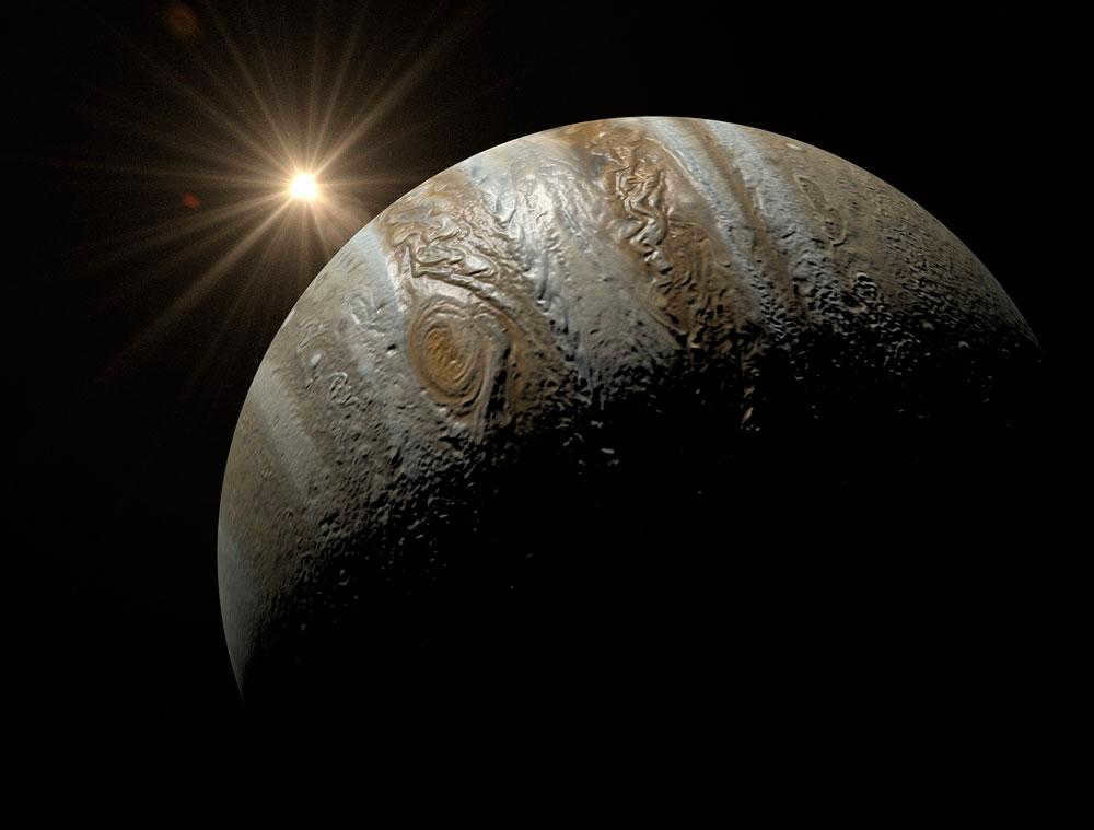 Jupiter, planet, sun, star, light, rays, dawn, space