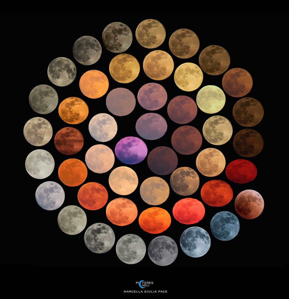 A collection of visible full moon colors captured by an astrophotographer over 10 years from various locations throughout Italy from a NASA article: https://science.nasa.gov/colors-moon