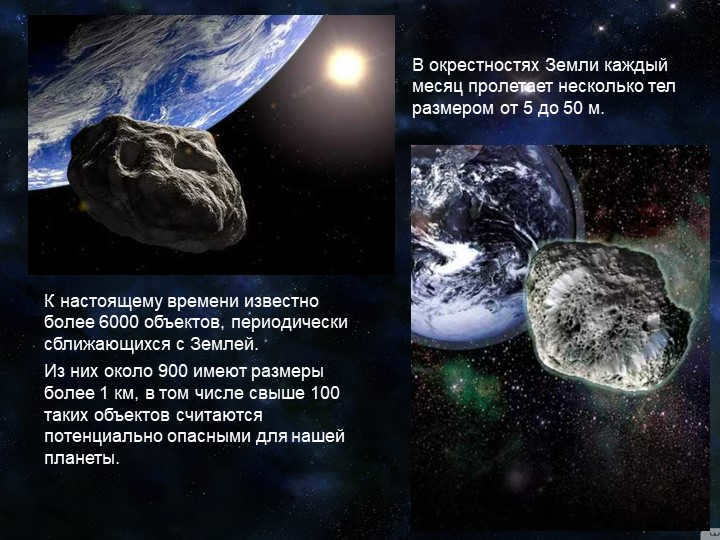 In the vicinity of the Earth every month flies several bodies ranging in size from 5 to 50. 