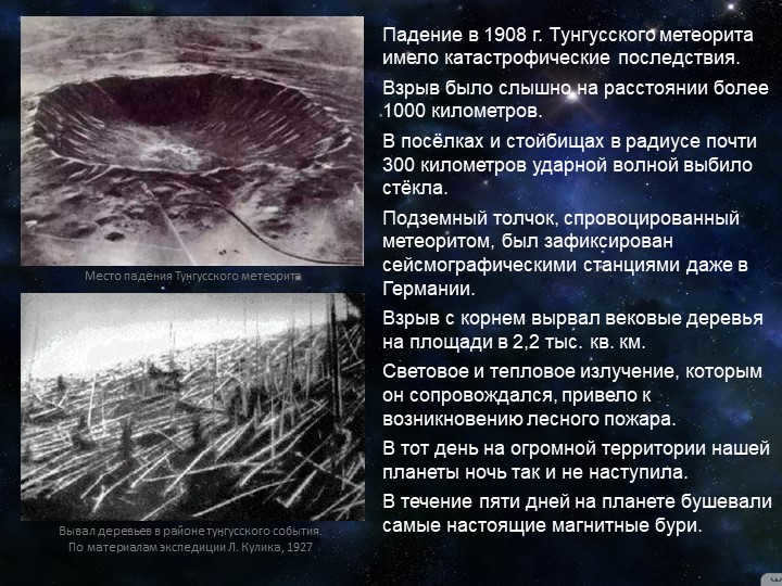 Falling trees in the area of the Tunguska event. According to the materials of the expedition L. Kul. 