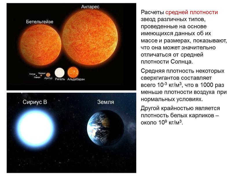 Calculations of the average density of stars of different types, based on available data on their masses and sizes, show that it can differ considerably from the average density