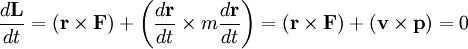 \(\frac{d\mathbf{L}}{dt} = (\mathbf{L} \times \mathbf{\omega}) + \left( \frac{d\mathbf{\omega}}{dt} \times m\frac{d\mathbf{r}}{dt}
ight) = (\mathbf{L} \times \mathbf{\omega}) + (\mathbf{\omega} \times \mathbf{\omega} \times \mathbf{r}) = 0