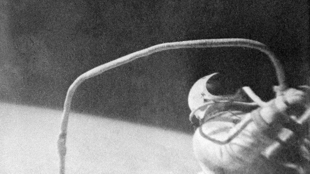 Cosmonaut Alexei Leonov going into outer space from the Voskhod-2 spacecraft. March 18, 1965.