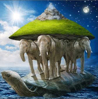 One of the first versions of the structure of the world was a flat earth resting on three whales and a turtle