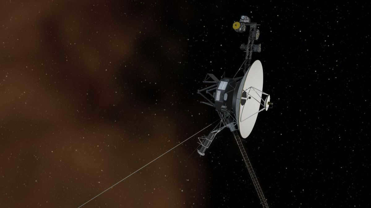"Voyager 1, launched in September 1977, explores the farthest reaches of the solar system.