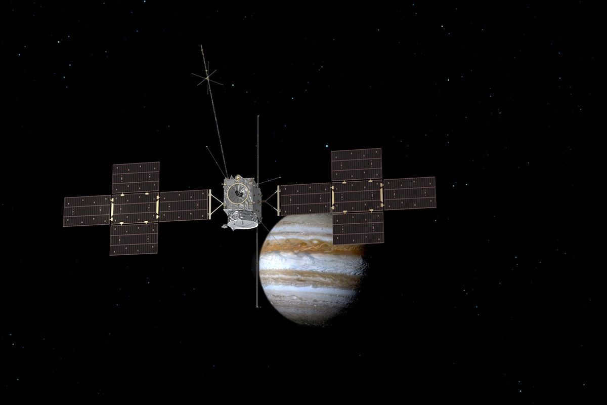 JUICE, a research vehicle from the European Space Agency. During the mission, it will observe Jupiter and its three satellites - Ganymede, Callisto and Europa - on which scientists hypothesize that life forms are possible