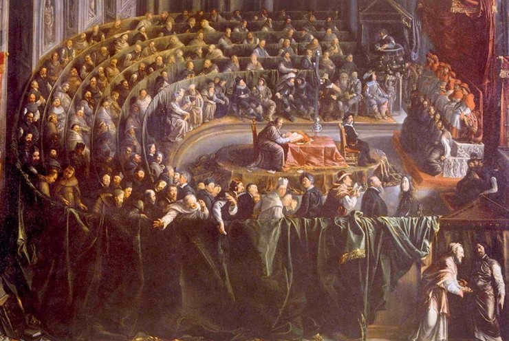 The painting by an unknown artist depicts the trial of a scientist