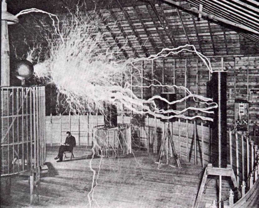 Nikola Tesla in his laboratory