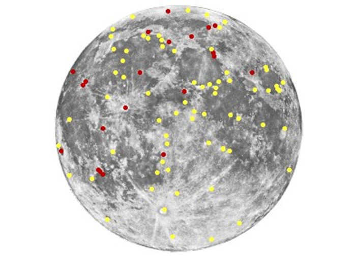 Map based on Barbara Middlehurst and Patrick Moore's survey of 300 KLYA. Shows the distribution of observed events. Reddish auroras are marked in red, others in yellow