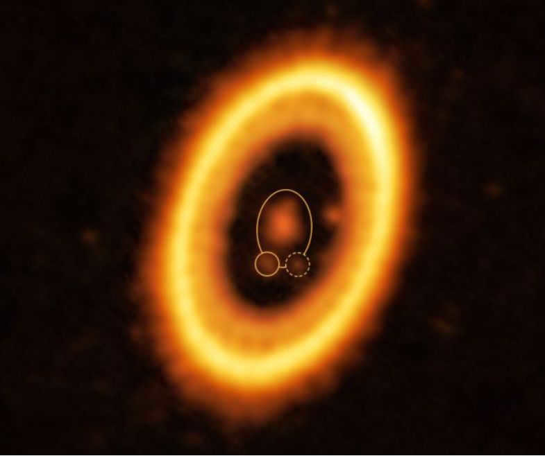 Two planets in the same orbit in the PDS-70 star system. The second planet is circled with a dotted line.