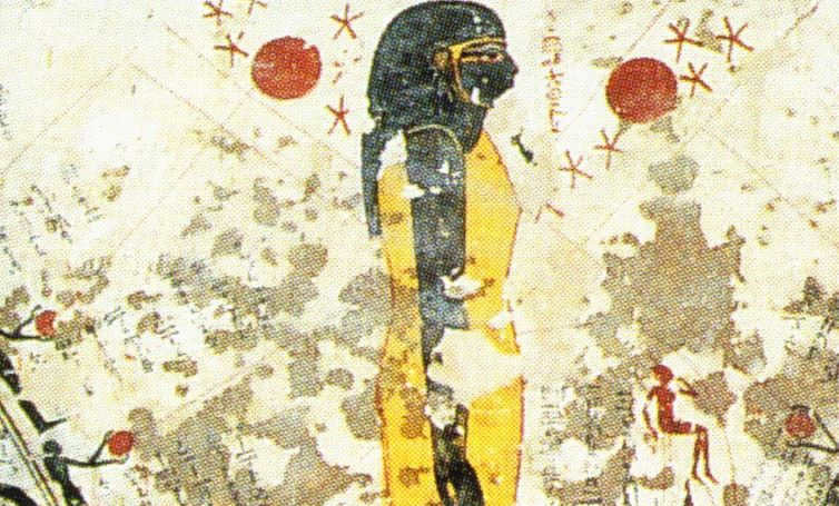 A panel in ancient Egypt with Earth and anti-Earth.