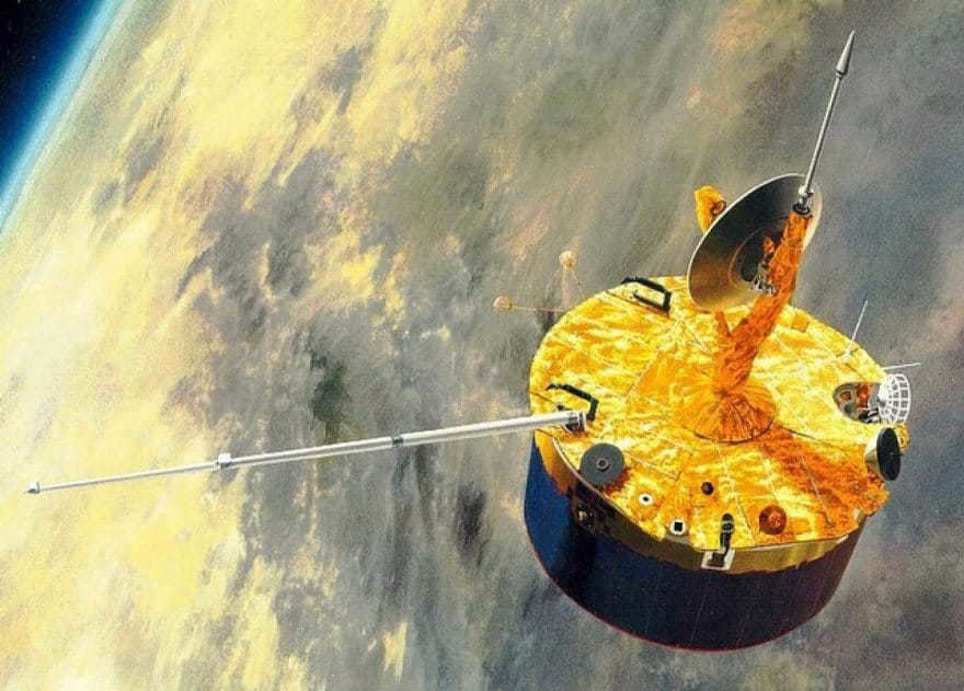 An artistic interpretation of NASA's Pioneer orbiter