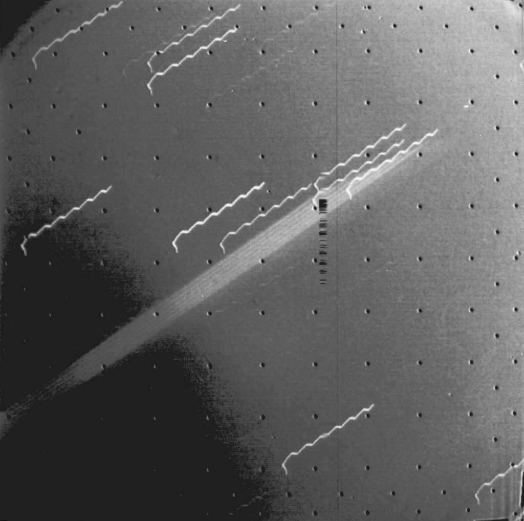 The first evidence of the existence of Jupiter's rings. The image was taken by Voyager 2 in 1979.