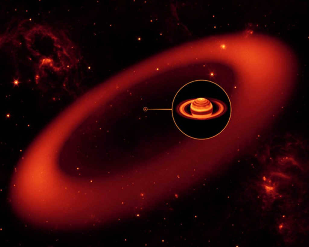 The illustration schematically shows the gigantic size of Phebe's rings, compared to the planet itself