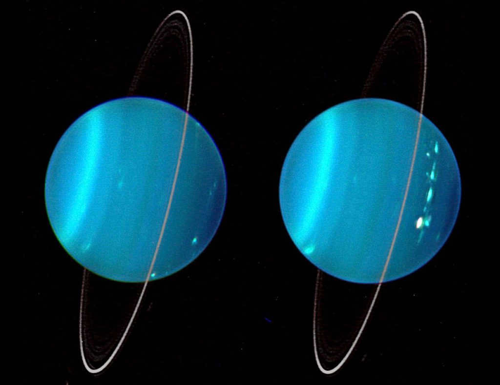 An infrared image of Uranus that clearly shows its rings